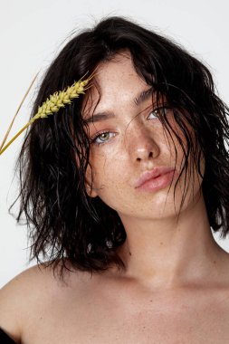 beauty young woman face with a lot of freckles and natural lips, wheat  near face, close up, thicker eyebrows