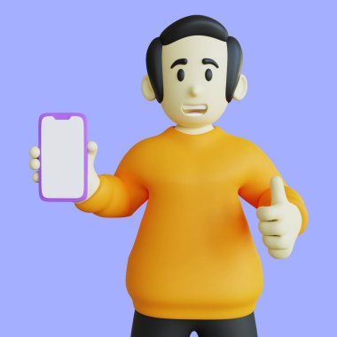 Stylized 3D Character Holding Mobile Phone with Thumbs Up