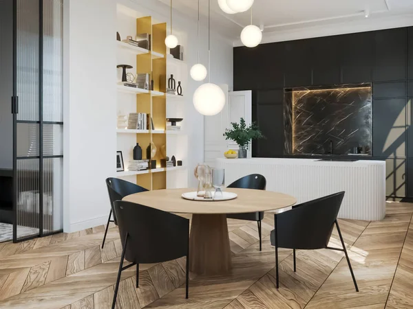 Moderne Kücheneinrichtung Mit Tisch Und Stühlen Rendering — Stockfoto