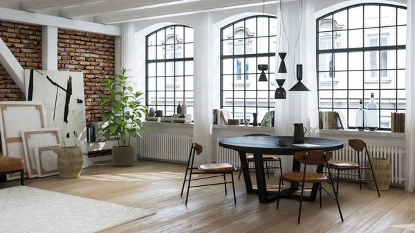 Modernes Interieur Wohnzimmer Esstisch Nordischer Skandinavischer Stil Rendering — Stockfoto