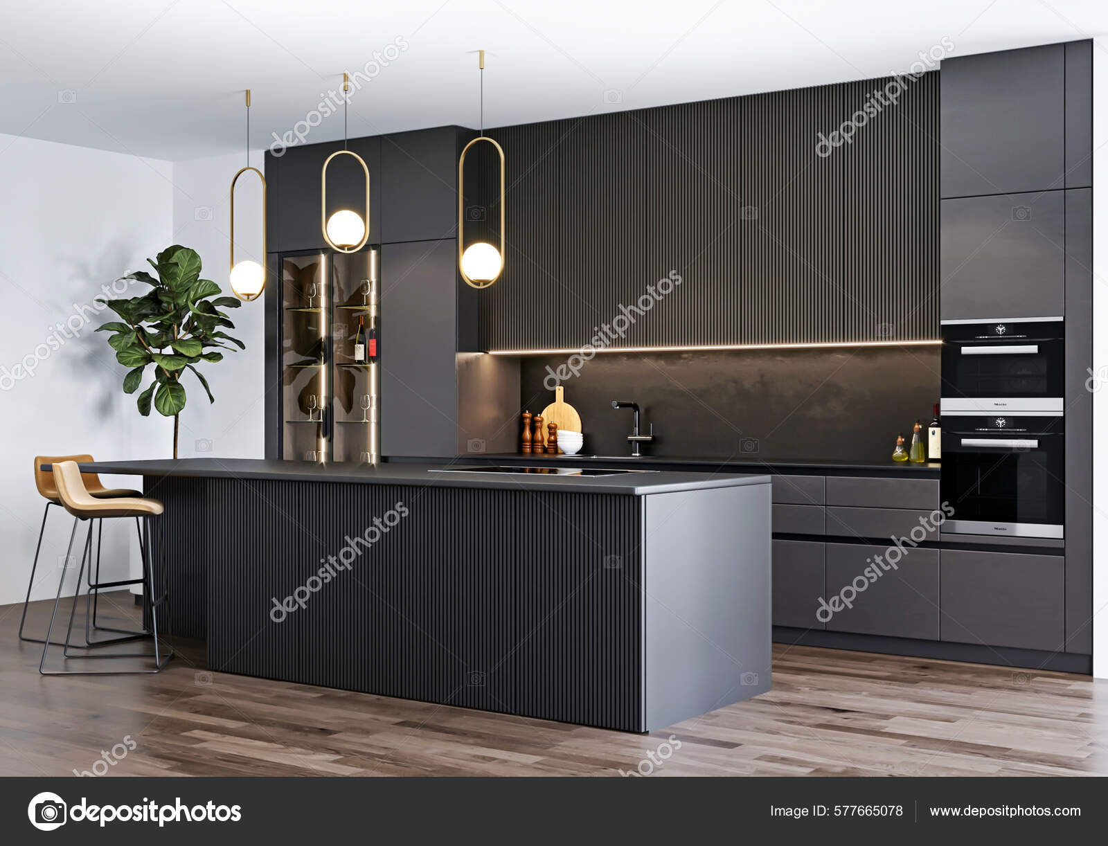 Minimalist Room Sleek 3d Render Of Black Kitchen With Modern