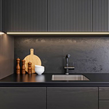 3D tasarımı modern lüks siyah mutfak iç mimarisi minimalist tarz tasarım