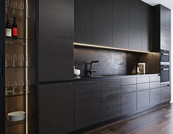 Render Modern Mewah Interior Dapur Hitam Desain Gaya Minimalis — Stok Foto