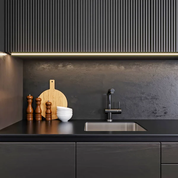 Rendering Moderne Luxe Zwarte Keuken Interieur Minimalistische Stijl Ontwerp — Stockfoto