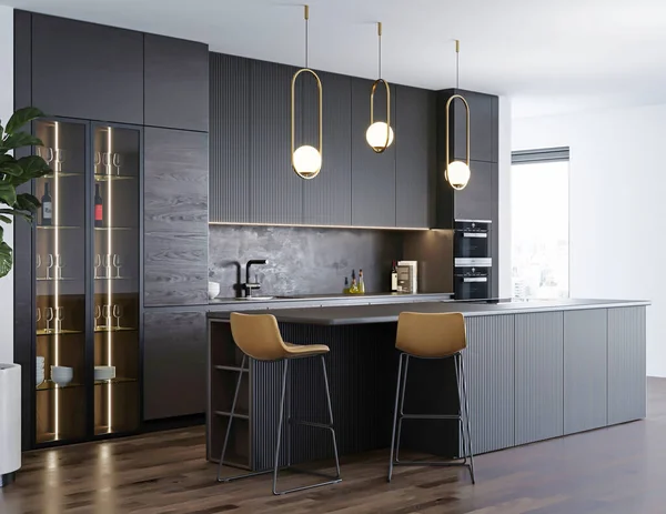 Rendering Moderne Luxe Zwarte Keuken Interieur Minimalistische Stijl Ontwerp — Stockfoto