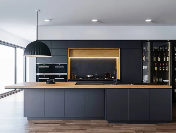 Render Modern Mewah Hitam Dapur Dengan Dekorasi Kayu Interior Desain — Stok Foto