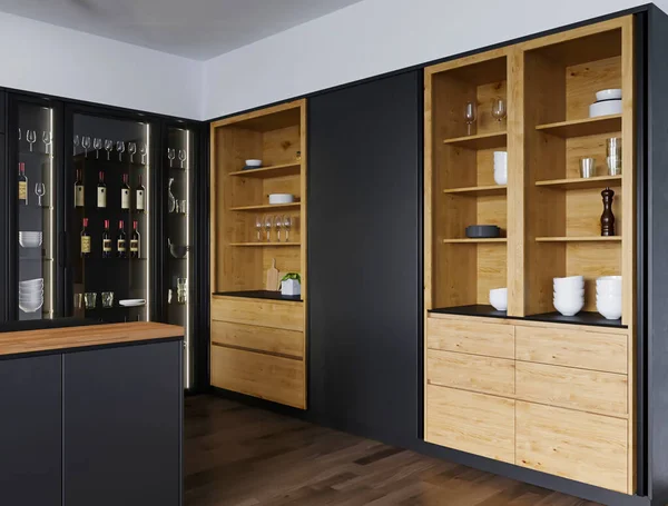 Rendering Moderne Luxe Zwarte Keuken Met Houten Decoratie Interieur Concept — Stockfoto