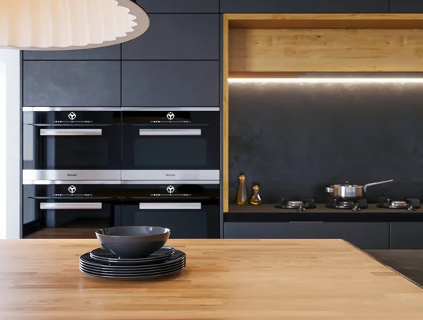 Rendering Modern Luxury Black Kitchen Wooden Decoration Interior Design Concept — Stock Photo, Image