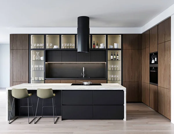 Renderizado Cocina Moderna Con Mesa Mármol Decoración Madera Diseño Interiores — Foto de Stock