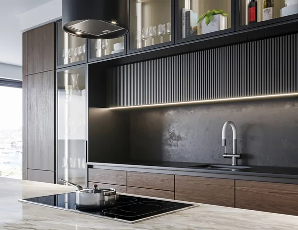 Rendering Cucina Moderna Con Tavolo Marmo Decorazione Legno Interior Design — Foto Stock