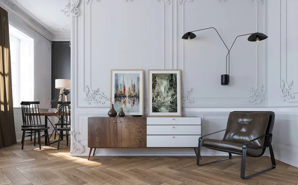 Vykreslování Luxusní Klasický Obývací Pokoj Design Interiéru — Stock fotografie