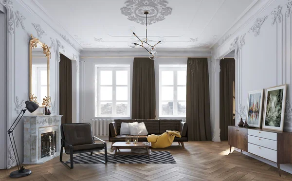 Vykreslování Luxusní Klasický Obývací Pokoj Design Interiéru — Stock fotografie