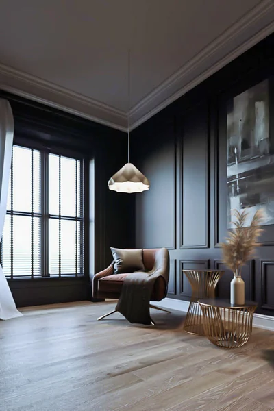 3d rendering classic architecture living room interior dark concept design