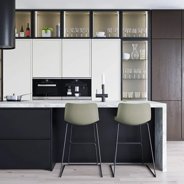 Rendering Moderne Keuken Interieur Met Witte Marmeren Tafel Grijze Muren — Stockfoto