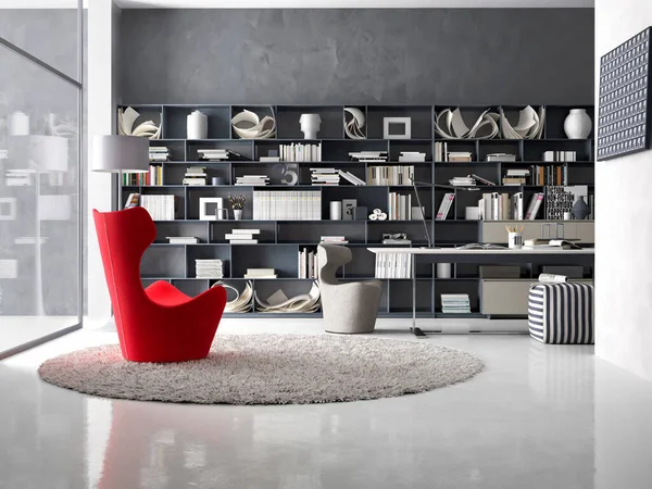 Rendering Ufficio Interno Con Decorazione Libreria — Foto Stock