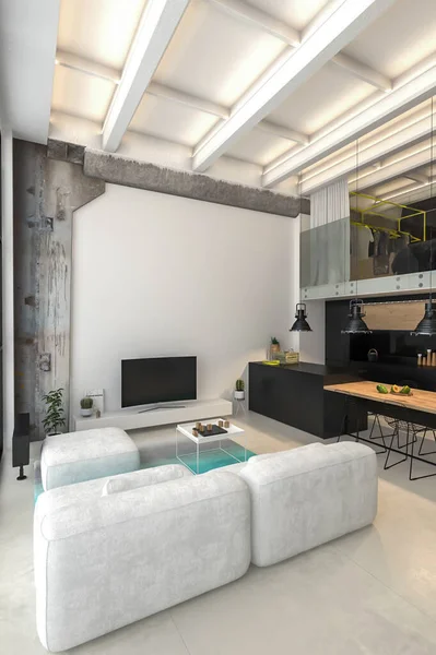 Rendering Minimalistisch Industrieel Huis Interieur — Stockfoto