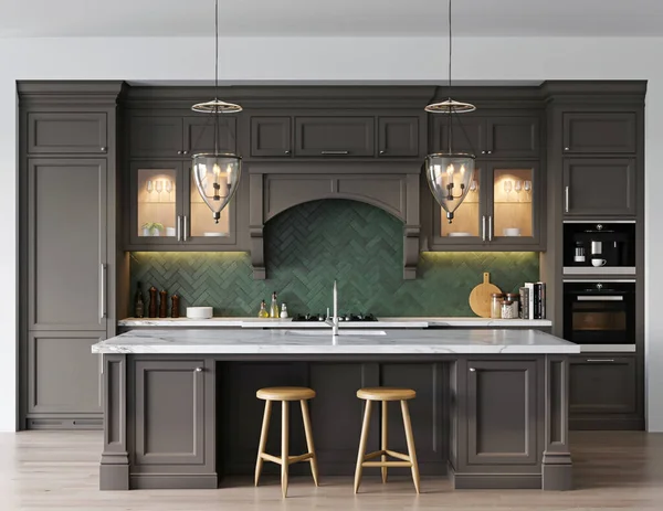 Cocina Contemporánea Clásica Con Mesa Mármol Gabinete Oscuro Interior Renderizado — Foto de Stock