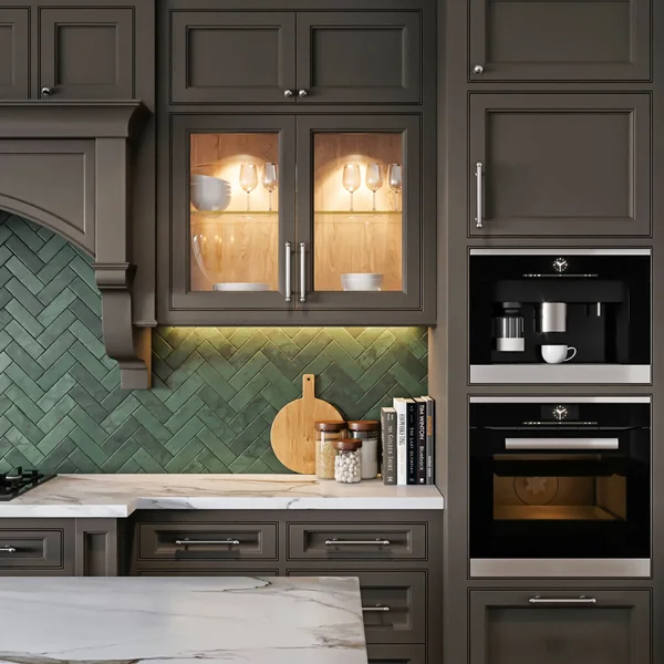 Klassieke Moderne Keuken Met Marmeren Tafel Donkere Kast Interieur Rendering — Stockfoto