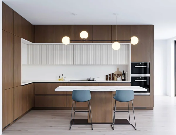 Moderne Keuken Met Houten Kast Witte Kleur Interieur Render — Stockfoto