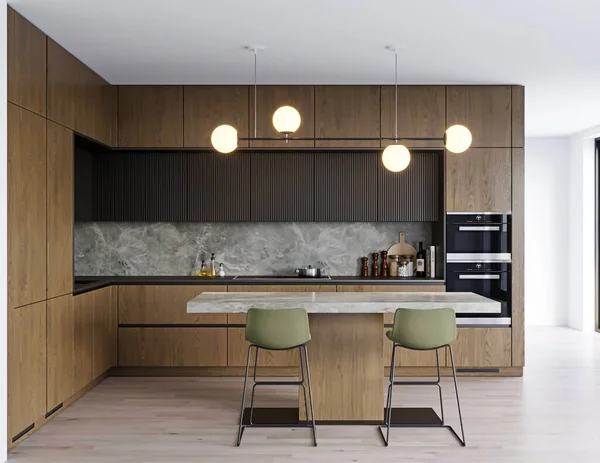 Moderne Keuken Met Houten Kast Donkere Kleur Interieur Render — Stockfoto