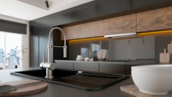 Modern Kitchen Interior White Sink Mirror — Stock Photo, Image