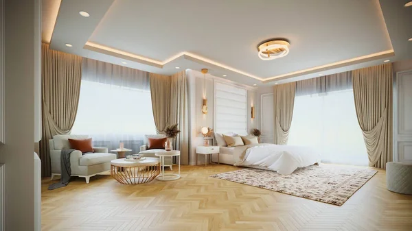Nowoczesne Luksusowe Minimalistyczne Wnętrza Sypialni Renderowania — Zdjęcie stockowe