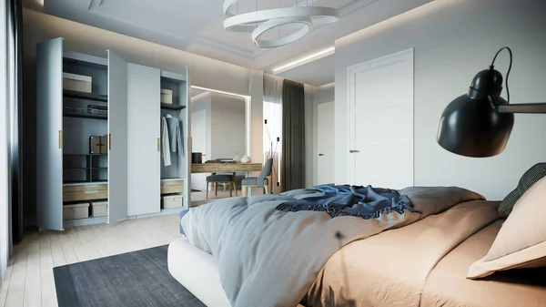 Moderne Luxe Minimalistische Slaapkamer Interieur Ontwerp Renderen — Stockfoto