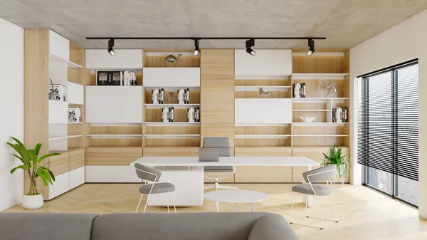 Rendering Semplice Minimalista Abito Ufficio Decorazione Legno Interior Design Ispirazione — Foto Stock