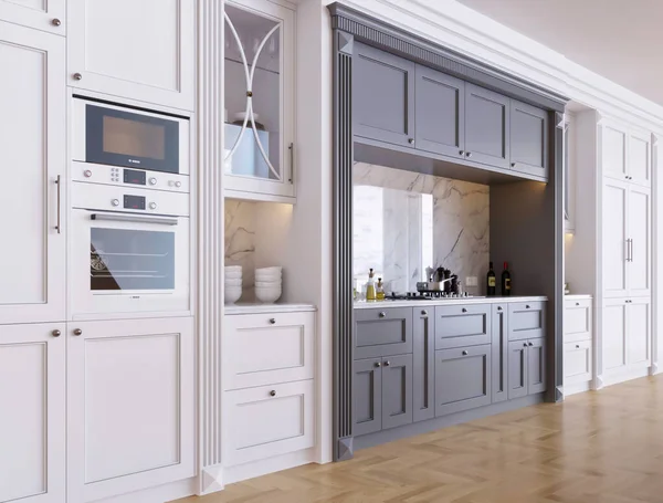 Modern Kitchen Interior White Blue Walls Rendering — Foto Stock
