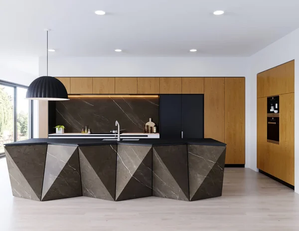 Moderne Keuken Met Witte Muren Houten Vloer Rendering — Stockfoto
