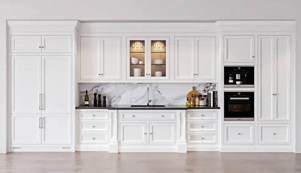 Interior Cocina Moderna Con Paredes Blancas Grises Suelo Madera Renderizado — Foto de Stock