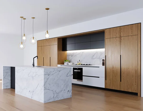 Modern Keukeninterieur Met Witte Grijze Muren Houten Vloer Destructie — Stockfoto