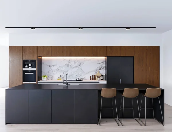 Beyaz Siyah Duvarlı Modern Mutfak Boyutlu — Stok fotoğraf