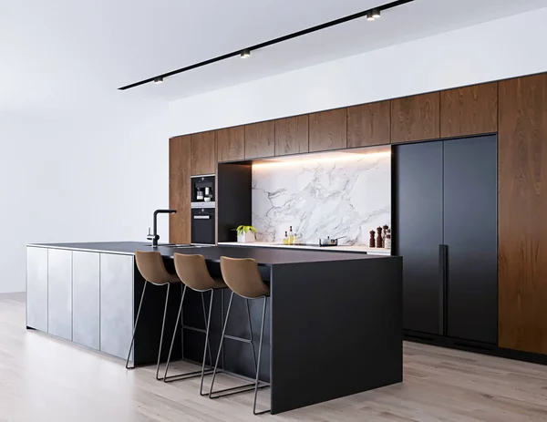 Modern Kitchen White Black Walls Wooden Floor Table Large Window — ストック写真