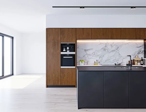 Modern Keukeninterieur Met Witte Grijze Muren Houten Vloer Een Groot — Stockfoto