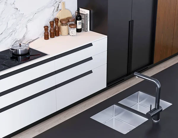 Modern Kitchen White Gray Walls Sink — 图库照片