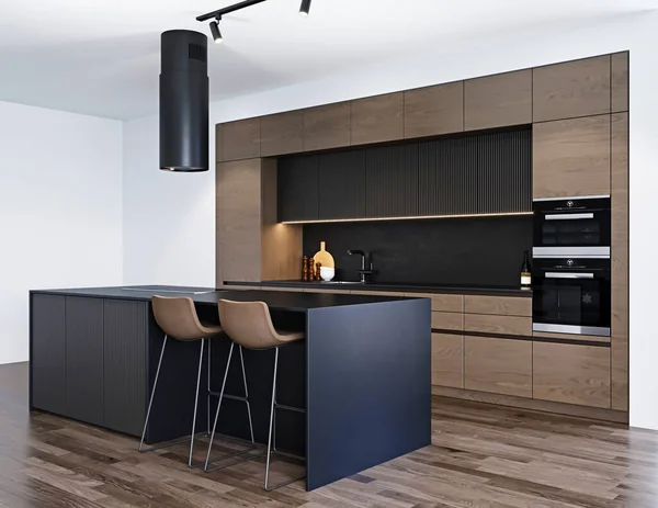 Modern Kitchen Interior White Gray Walls Wooden Floor Black Grey — 스톡 사진