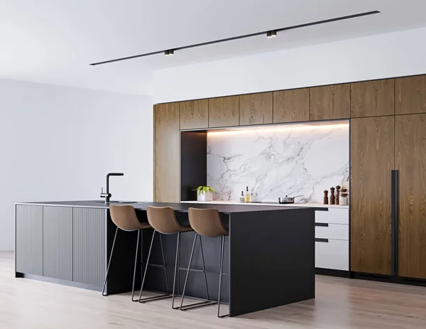 Cozinha Moderna Com Paredes Brancas Piso Mesa Madeira Renderização — Fotografia de Stock