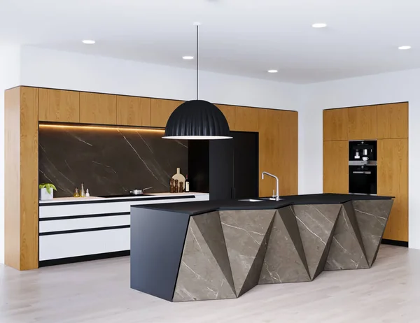 Moderne Keuken Met Witte Muren Houten Vloer Zwarte Grijze Achtergrond — Stockfoto