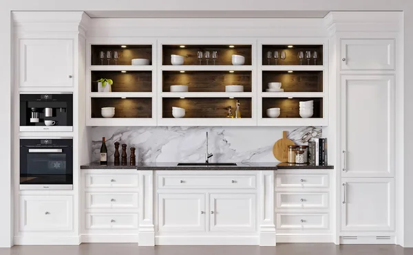 Modern Kitchen Interior Wooden Table White Walls — Stok fotoğraf