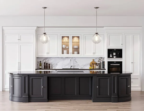 Interior Cocina Moderna Con Paredes Blancas Grises Suelo Madera Renderizado — Foto de Stock