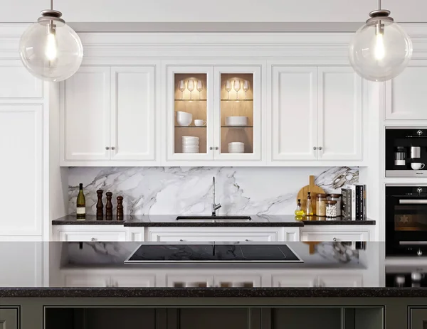 Interior Cocina Moderna Con Paredes Blancas Negras Renderizado — Foto de Stock