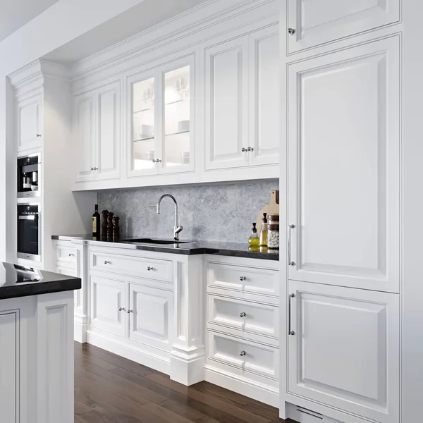 Interior Modern Kitchen White Blue Walls — Foto Stock