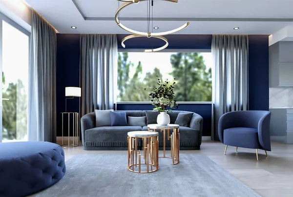 Modern Living Room Interior Sofa Chairs Rendering —  Fotos de Stock