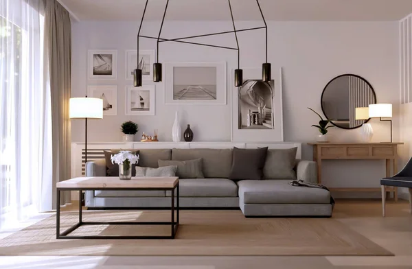 Modern Interior Design Living Room Home Comfortable Apartment Scandinavian Style — Zdjęcie stockowe
