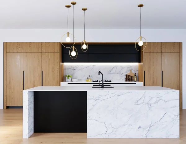 Moderne Keuken Met Houten Vloer Witte Muren Houten Tafel Zwarte — Stockfoto