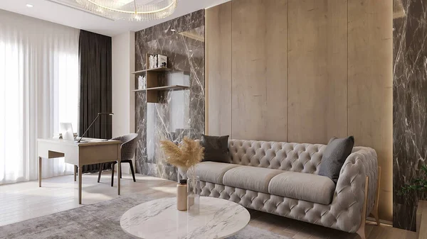 有沙发和木制地板的现代客厅的内部 3D渲染 — 图库照片