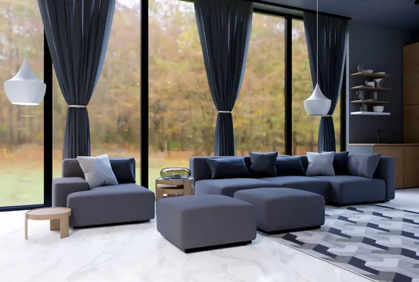 Modern Living Room Interior Sofa Furniture Comfortable Pillows Rendering — Stock Photo, Image