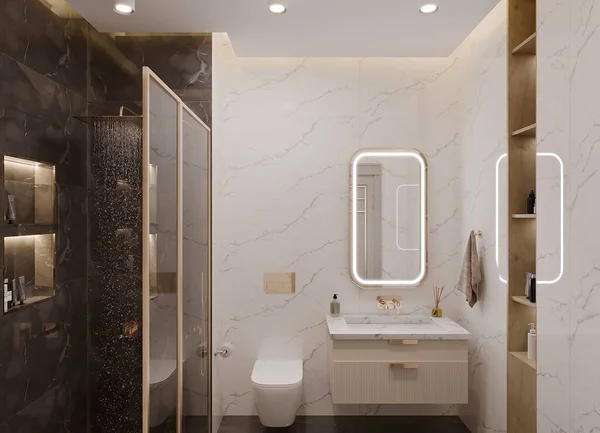 有白色墙壁和大窗户的现代化浴室的内部 — 图库照片