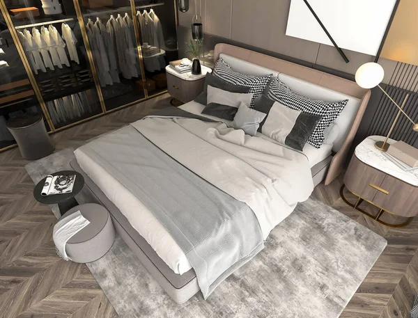 Modern Bedroom Interior White Black Gray Furniture — Stockfoto